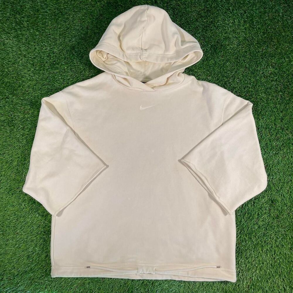 Y2K Nike Women's White and Cream Pullover Hoodie Waist Drawstring Center Swoosh
